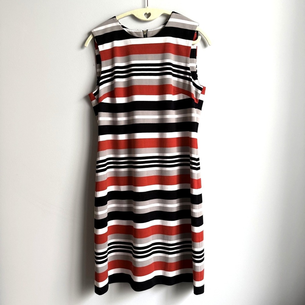 CALVIN KLEIN Scuba Sheath Dress 6P Stretch Zip Fitted Sleeveless Midi Red Stripe
